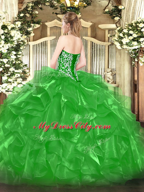 Custom Designed Green Lace Up Sweetheart Beading and Ruffles Quinceanera Dresses Organza Sleeveless