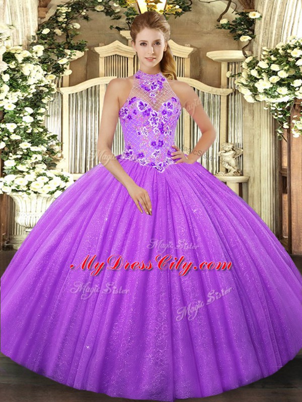 Dazzling Lavender Ball Gowns Beading Sweet 16 Dress Lace Up Tulle Sleeveless Floor Length