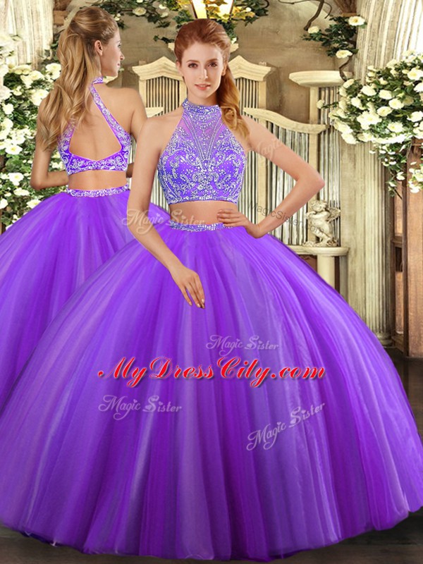 Lavender Halter Top Neckline Beading Sweet 16 Dresses Sleeveless Criss Cross