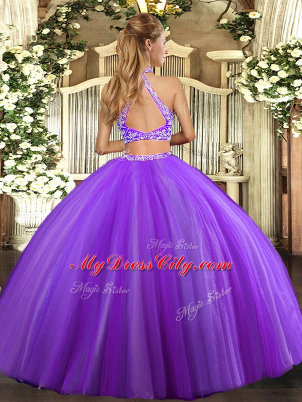 Lavender Halter Top Neckline Beading Sweet 16 Dresses Sleeveless Criss Cross