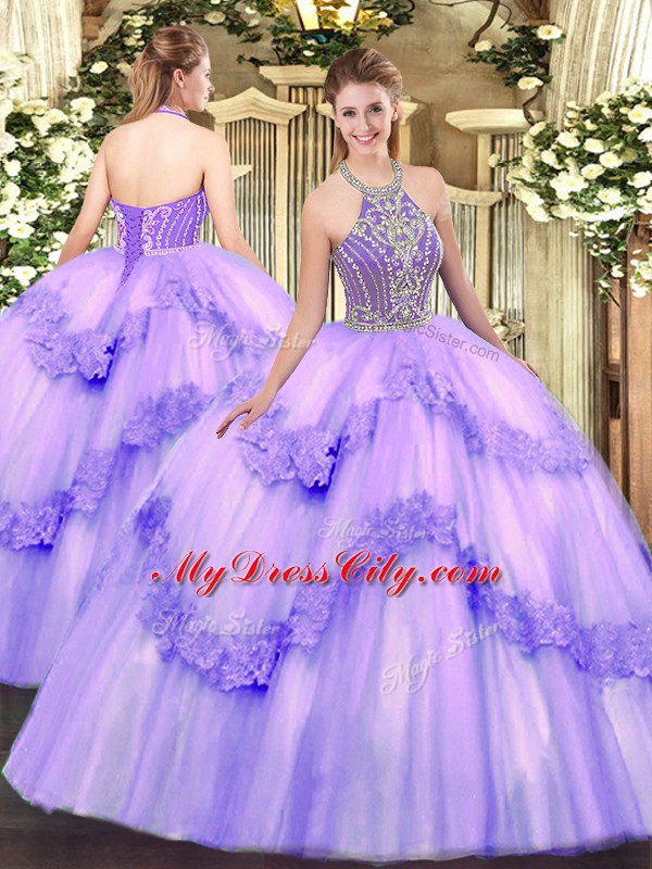 High End Tulle Halter Top Sleeveless Lace Up Beading and Appliques Quinceanera Dresses in Lavender