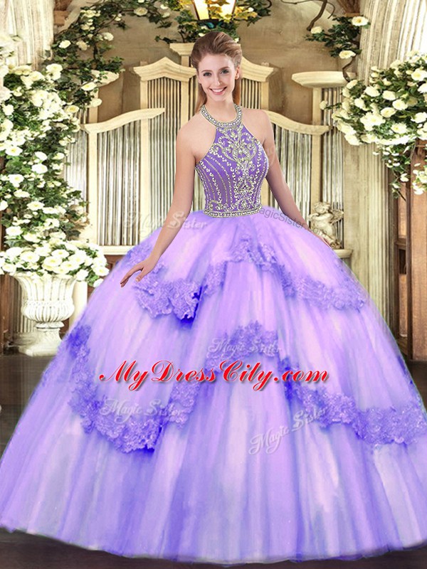 High End Tulle Halter Top Sleeveless Lace Up Beading and Appliques Quinceanera Dresses in Lavender