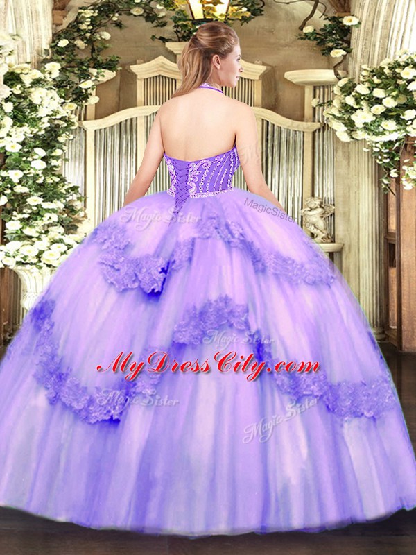 High End Tulle Halter Top Sleeveless Lace Up Beading and Appliques Quinceanera Dresses in Lavender