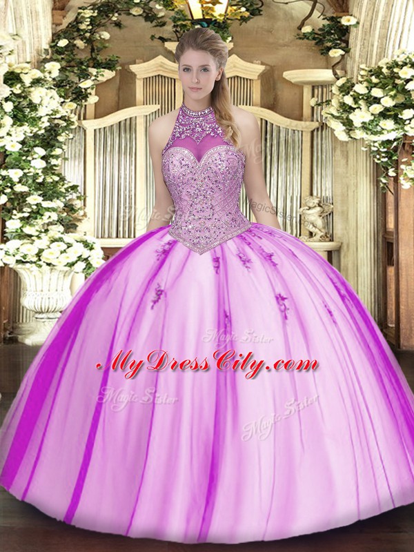 Fuchsia Halter Top Neckline Beading and Appliques Quinceanera Gown Sleeveless Lace Up