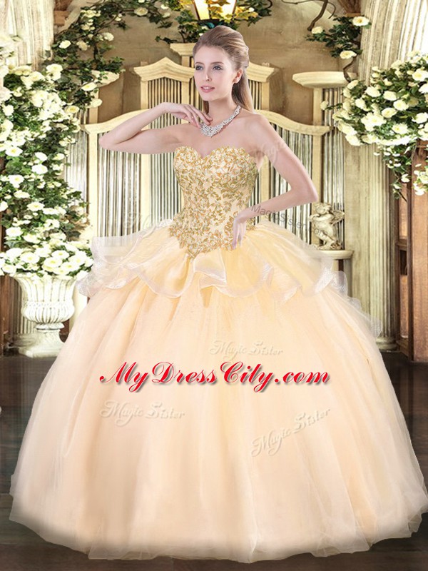 Captivating Champagne Lace Up Sweetheart Appliques Quinceanera Gowns Organza Sleeveless