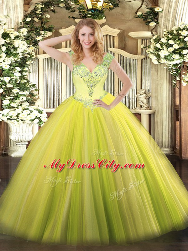 Yellow Green Ball Gowns Tulle V-neck Sleeveless Beading and Ruffles Floor Length Lace Up Quinceanera Dresses