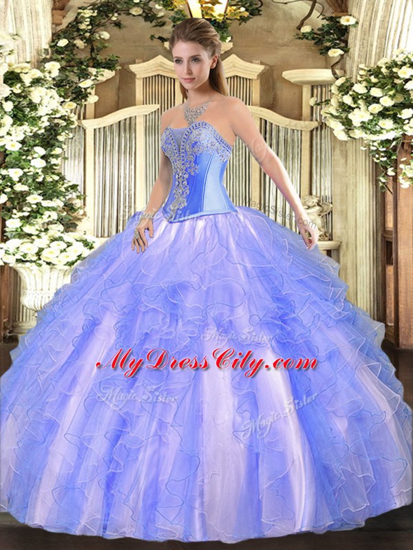 Admirable Blue Ball Gowns Tulle Sweetheart Sleeveless Beading and Ruffles Floor Length Lace Up Ball Gown Prom Dress