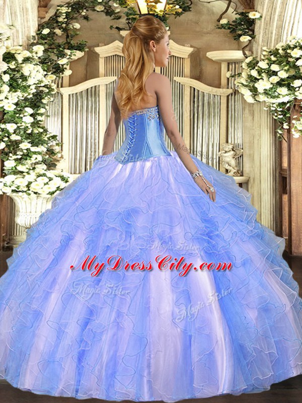 Admirable Blue Ball Gowns Tulle Sweetheart Sleeveless Beading and Ruffles Floor Length Lace Up Ball Gown Prom Dress