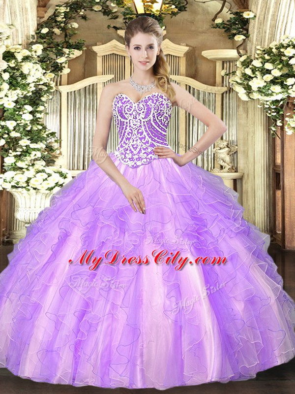 Beading and Ruffles Ball Gown Prom Dress Lavender Lace Up Sleeveless Floor Length