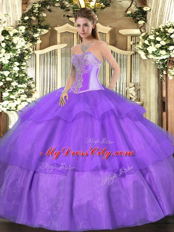 Lavender Tulle Lace Up Sweetheart Sleeveless Floor Length Sweet 16 Dress Beading and Ruffled Layers