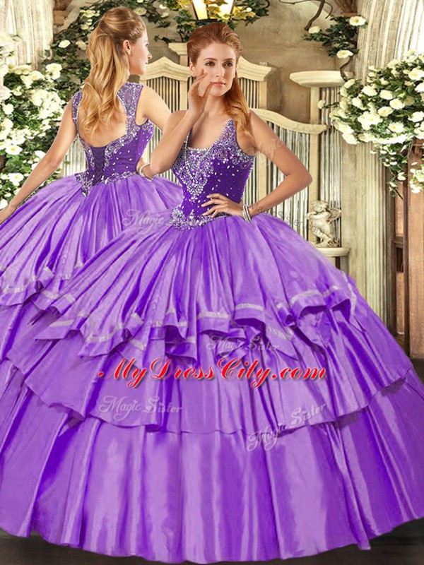 Affordable Floor Length Lavender Sweet 16 Dress Organza and Taffeta Sleeveless Beading and Ruffled Layers