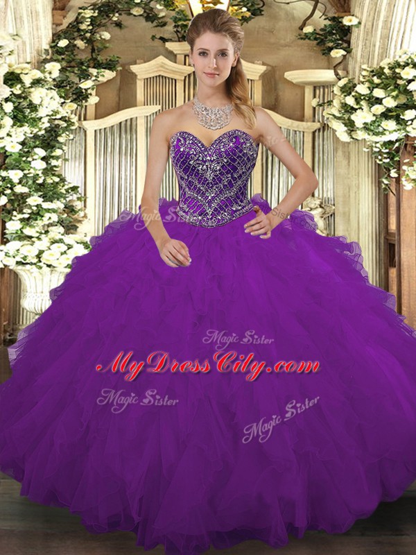 Sleeveless Floor Length Beading and Ruffled Layers Lace Up Vestidos de Quinceanera with Purple