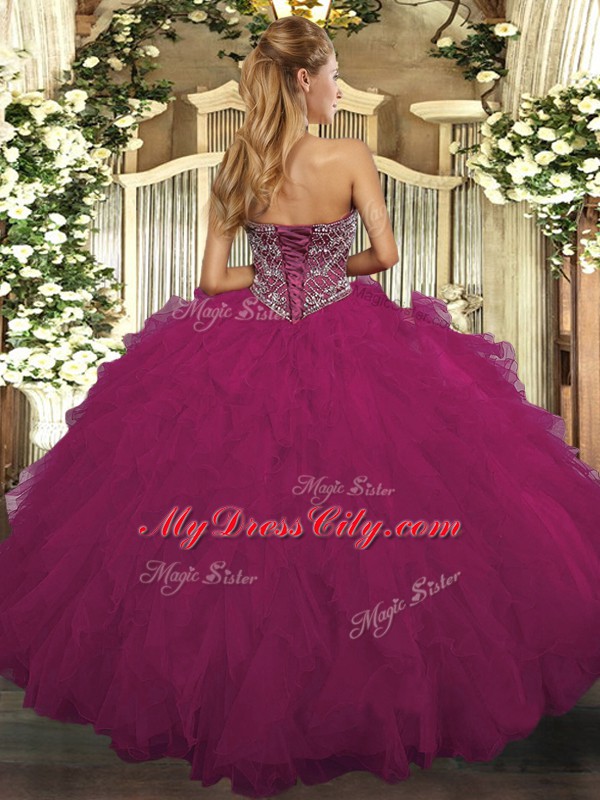 Sleeveless Floor Length Beading and Ruffled Layers Lace Up Vestidos de Quinceanera with Purple