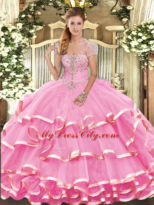 Free and Easy Rose Pink Organza Lace Up Strapless Sleeveless Floor Length Sweet 16 Dress Appliques and Ruffled Layers