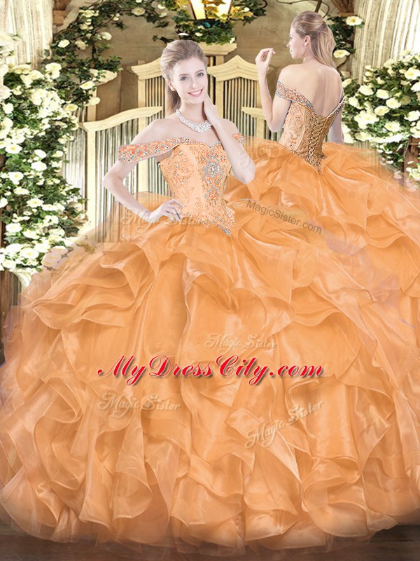 Orange Sleeveless Floor Length Beading and Ruffles Lace Up Ball Gown Prom Dress