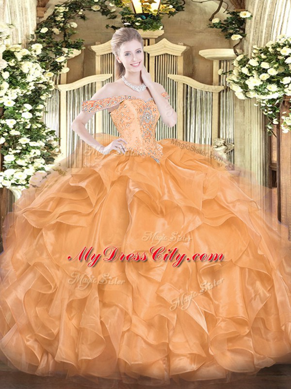 Orange Sleeveless Floor Length Beading and Ruffles Lace Up Ball Gown Prom Dress