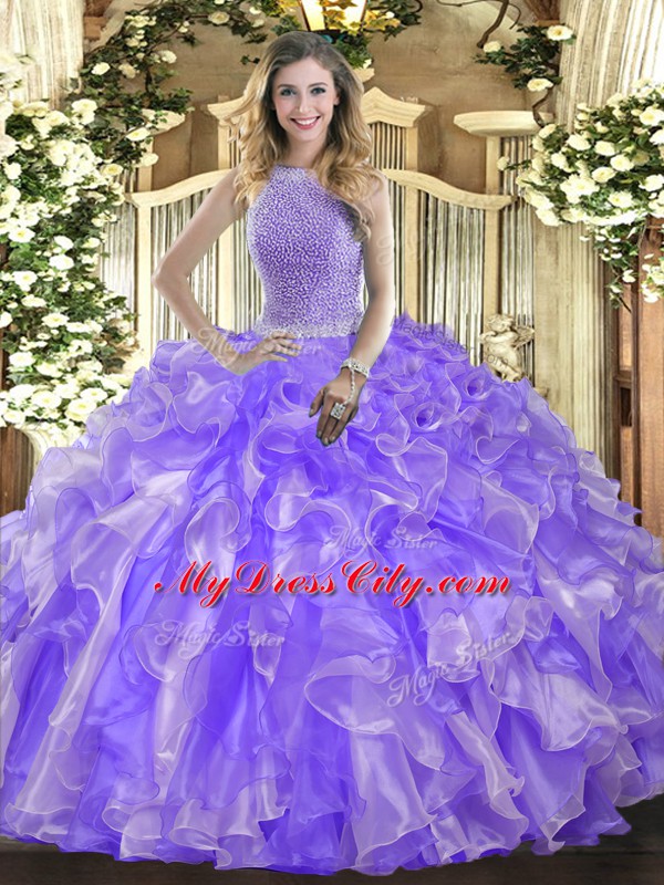 Lavender Ball Gowns Beading and Ruffles Vestidos de Quinceanera Lace Up Organza Sleeveless Floor Length