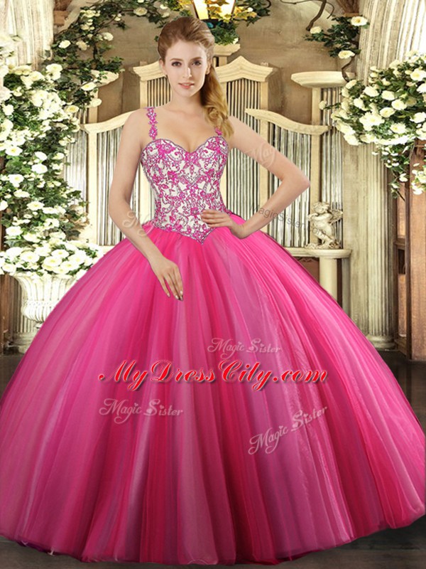 Hot Pink Ball Gowns Straps Sleeveless Tulle Floor Length Lace Up Beading 15 Quinceanera Dress