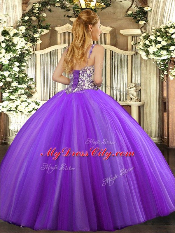 Hot Pink Ball Gowns Straps Sleeveless Tulle Floor Length Lace Up Beading 15 Quinceanera Dress