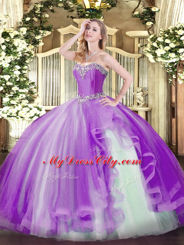 Lavender Lace Up Sweetheart Beading and Ruffles Sweet 16 Quinceanera Dress Tulle Sleeveless