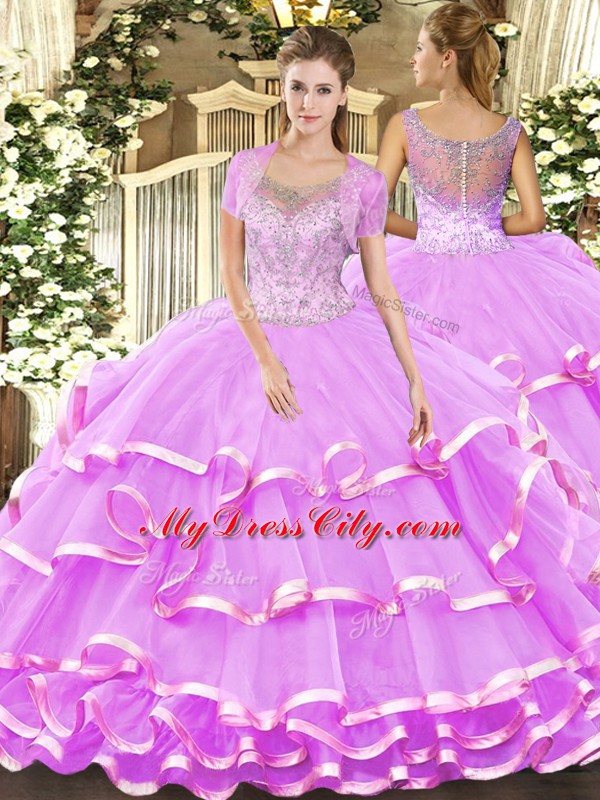 Lilac Sleeveless Beading and Ruffled Layers Floor Length 15 Quinceanera Dress