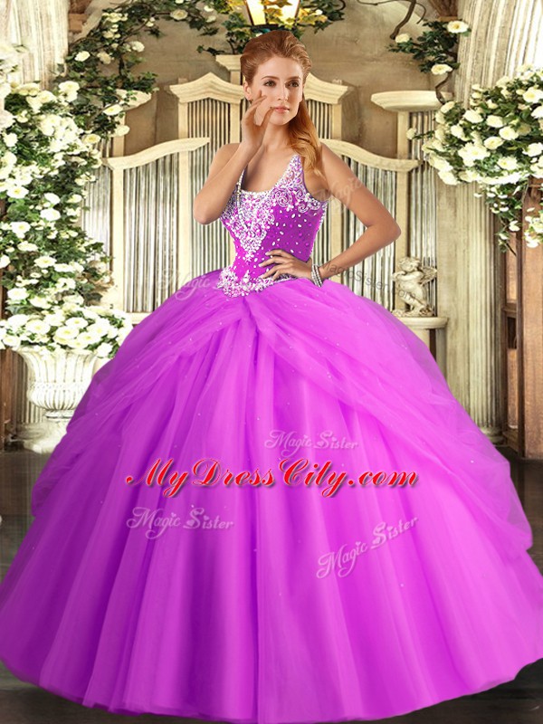 Lilac Ball Gowns Beading and Pick Ups Quinceanera Dresses Lace Up Tulle Sleeveless Floor Length