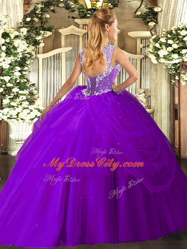 Lilac Ball Gowns Beading and Pick Ups Quinceanera Dresses Lace Up Tulle Sleeveless Floor Length