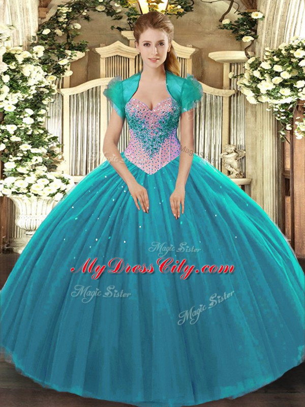 Aqua Blue Tulle Lace Up Sweetheart Sleeveless Floor Length Sweet 16 Dresses Beading