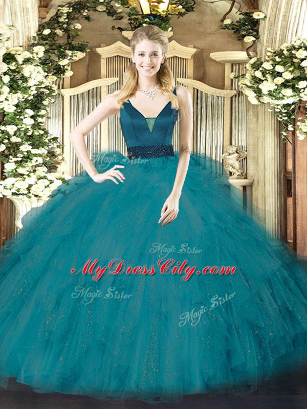 Inexpensive Teal Vestidos de Quinceanera Military Ball and Sweet 16 and Quinceanera with Beading and Ruffles Straps Sleeveless Zipper