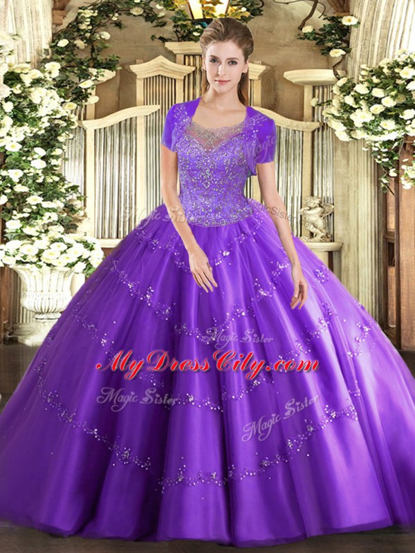 Chic Lavender Ball Gowns Beading and Appliques Quince Ball Gowns Clasp Handle Tulle Sleeveless Floor Length