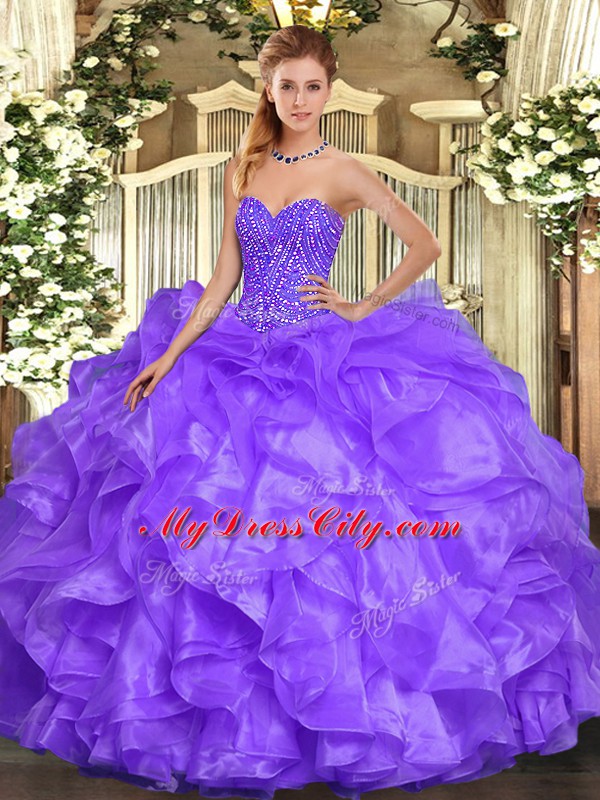 Lavender Ball Gowns Sweetheart Sleeveless Organza Floor Length Lace Up Beading and Ruffles 15 Quinceanera Dress