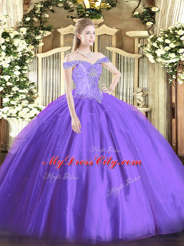 High Class Lavender Ball Gowns Beading 15 Quinceanera Dress Lace Up Tulle Sleeveless Floor Length