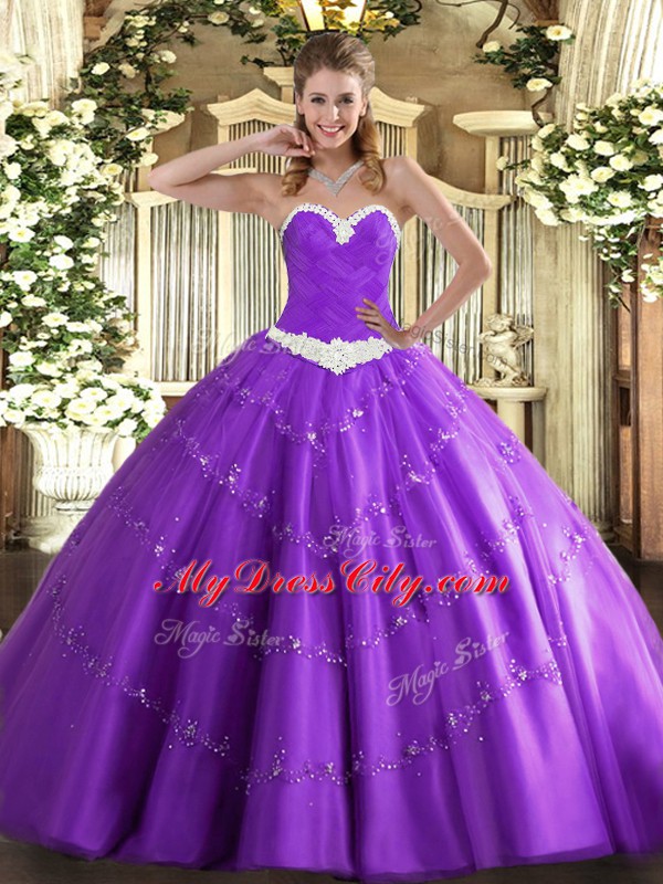 Elegant Sweetheart Sleeveless Tulle 15 Quinceanera Dress Appliques Lace Up