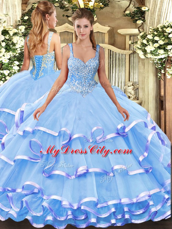 Cheap Straps Sleeveless Lace Up 15 Quinceanera Dress Blue Organza