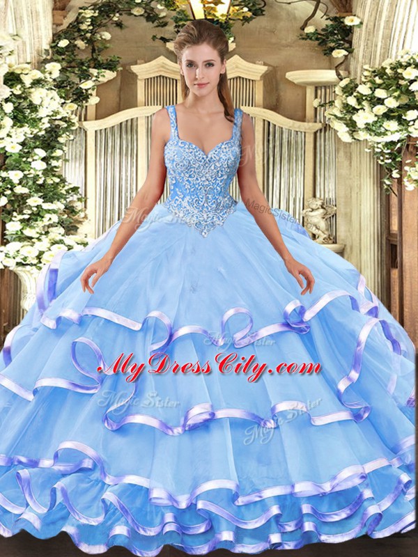 Cheap Straps Sleeveless Lace Up 15 Quinceanera Dress Blue Organza