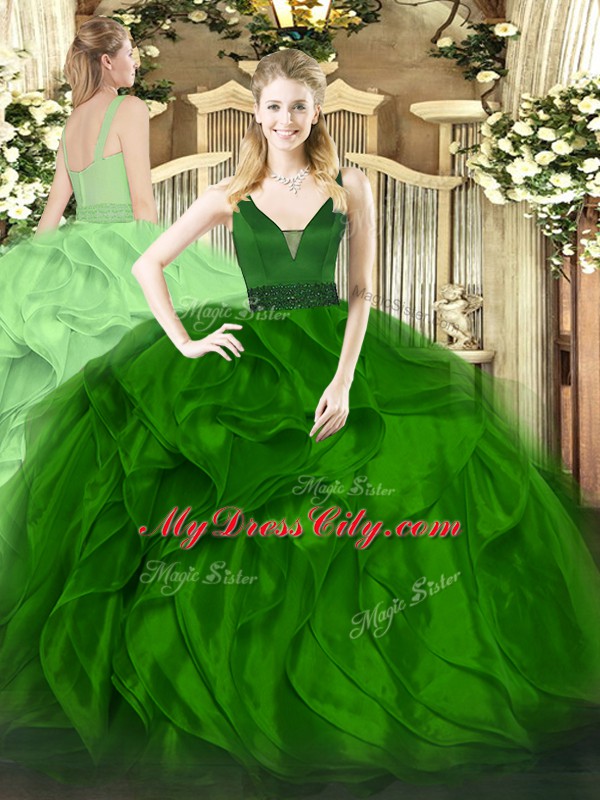 Customized Green Ball Gowns Organza Straps Sleeveless Beading and Ruffles Floor Length Zipper Quinceanera Dress