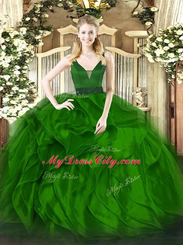 Customized Green Ball Gowns Organza Straps Sleeveless Beading and Ruffles Floor Length Zipper Quinceanera Dress