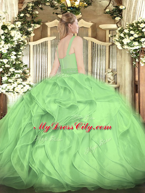 Customized Green Ball Gowns Organza Straps Sleeveless Beading and Ruffles Floor Length Zipper Quinceanera Dress