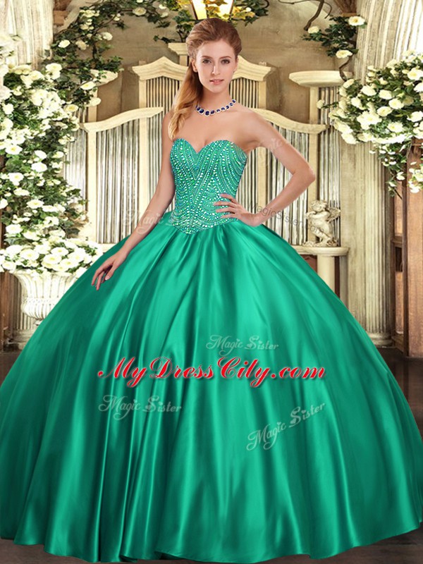 Shining Floor Length Turquoise Quinceanera Dresses Satin Sleeveless Beading