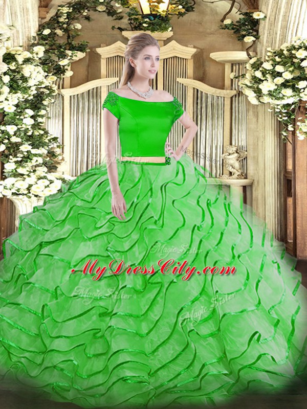 Cute Off The Shoulder Short Sleeves 15 Quinceanera Dress Brush Train Ruffles Tulle