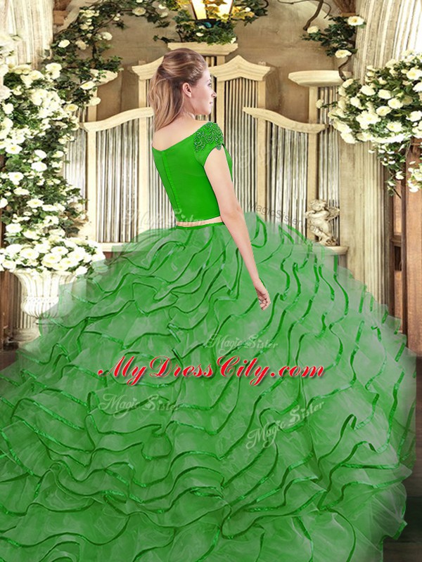 Cute Off The Shoulder Short Sleeves 15 Quinceanera Dress Brush Train Ruffles Tulle