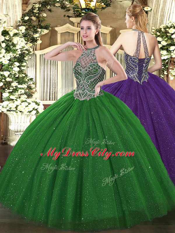 Top Selling Green Tulle Lace Up Quinceanera Gown Sleeveless Floor Length Beading