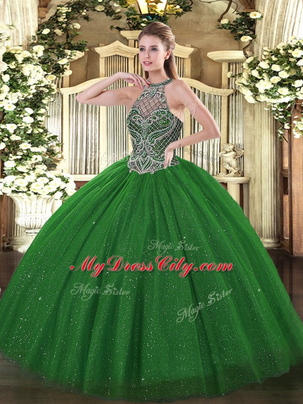 Top Selling Green Tulle Lace Up Quinceanera Gown Sleeveless Floor Length Beading