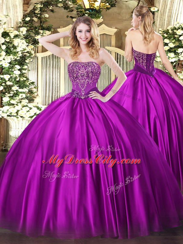 Stylish Floor Length Ball Gowns Sleeveless Fuchsia Sweet 16 Quinceanera Dress Lace Up