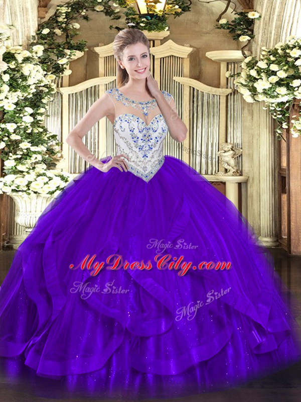 Purple Ball Gowns Beading and Ruffles 15th Birthday Dress Zipper Tulle Sleeveless Floor Length