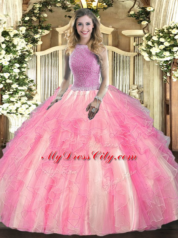 Floor Length Rose Pink Quinceanera Dress High-neck Sleeveless Lace Up