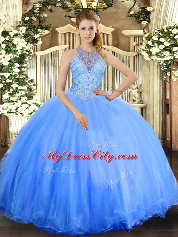 Superior Floor Length Blue Sweet 16 Dress Halter Top Sleeveless Lace Up