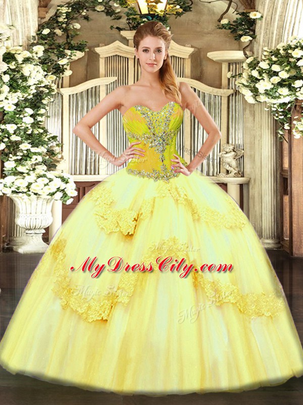 Classical Yellow Lace Up 15th Birthday Dress Beading and Ruffles Sleeveless Floor Length