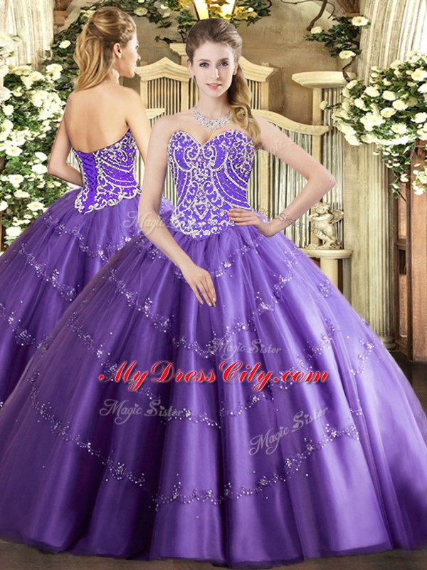 Luxury Floor Length Lavender Quince Ball Gowns Sweetheart Sleeveless Lace Up