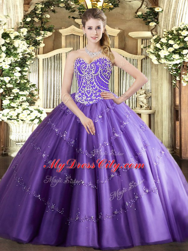 Luxury Floor Length Lavender Quince Ball Gowns Sweetheart Sleeveless Lace Up